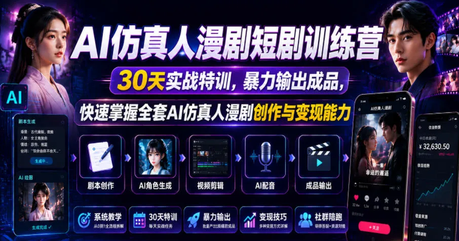 AI仿真人漫剧短剧训练营,30天实战特训,暴力输出成品,快速掌握全套AI仿真人漫剧创作与变现能力-云网创