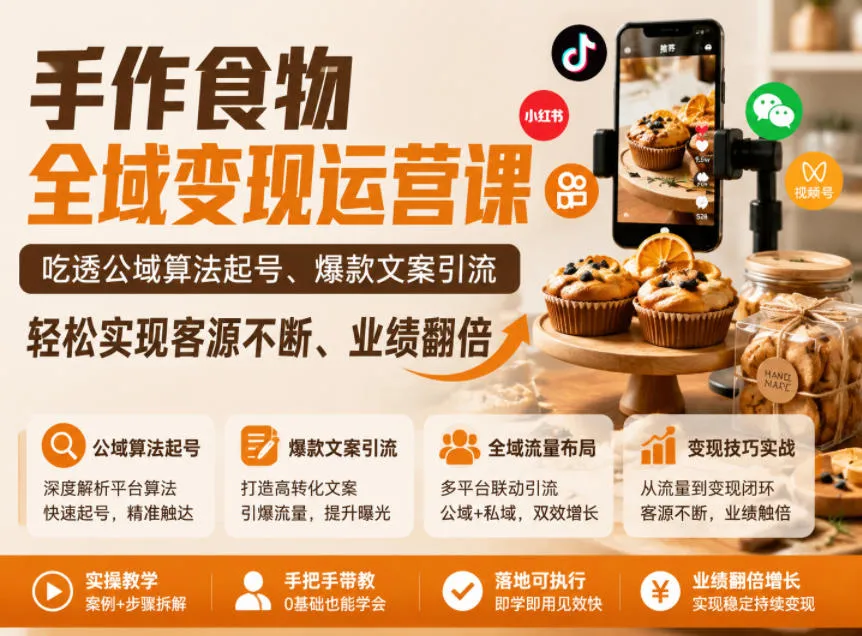 手作食物全域变现运营课,吃透公域算法起号、爆款文案引流,轻松实现客源不断、业绩翻倍-云网创