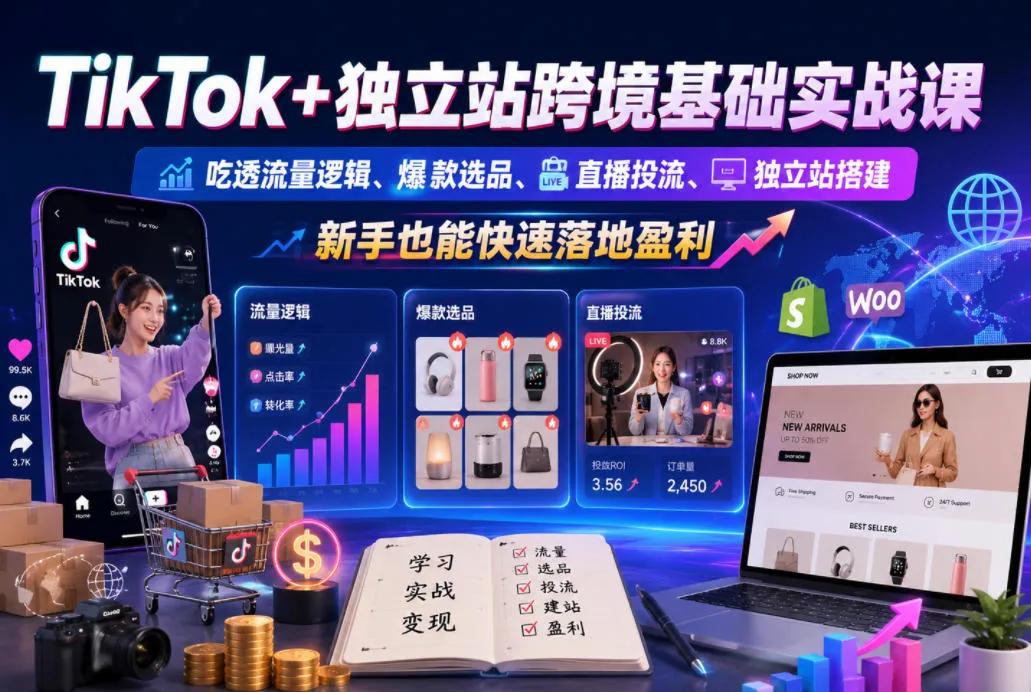 TikTok+独立站跨境基础实战课,吃透流量逻辑、爆款选品、直播投流与独立站搭建,新手也能快速落地盈利-云网创